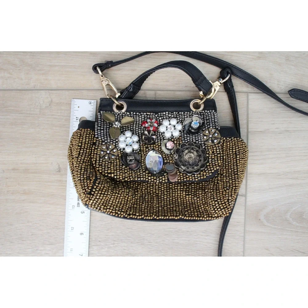 Free People Beaded Embellished Crossbody Bag Black Gold Pearl Crystal Boho Small